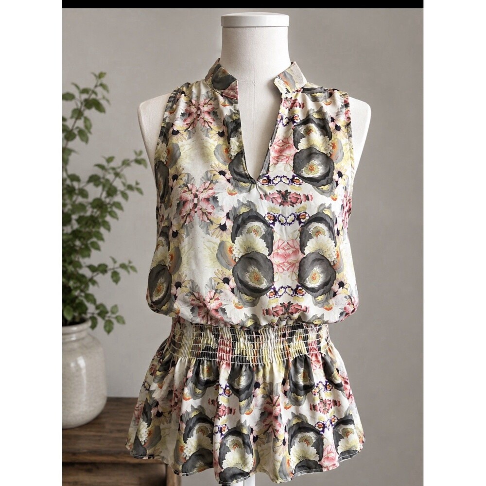 My Story Floral Sleeveless Peplum Blouse Smocked Waist 34” Bust 25” L